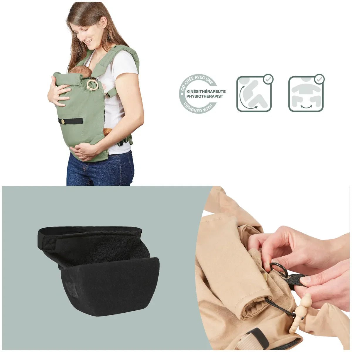 Newborn baby carrier reducer inserts, black and beige pouch-style panels
