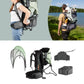 Green baby hiking carrier with front storage pocket and adjustable shoulder straps.