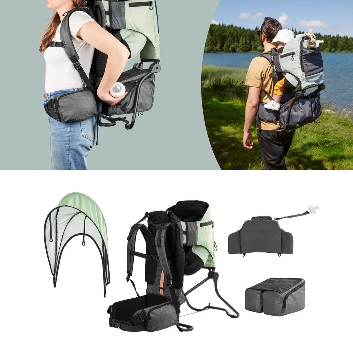 Green baby hiking carrier with front storage pocket and adjustable shoulder straps.