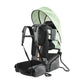 Green baby hiking carrier with mesh canopy, padded harness, and front waist pouch.