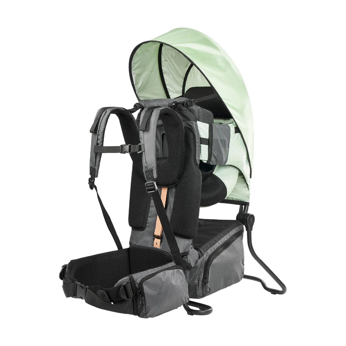 Green baby hiking carrier with mesh canopy, padded harness, and front waist pouch.