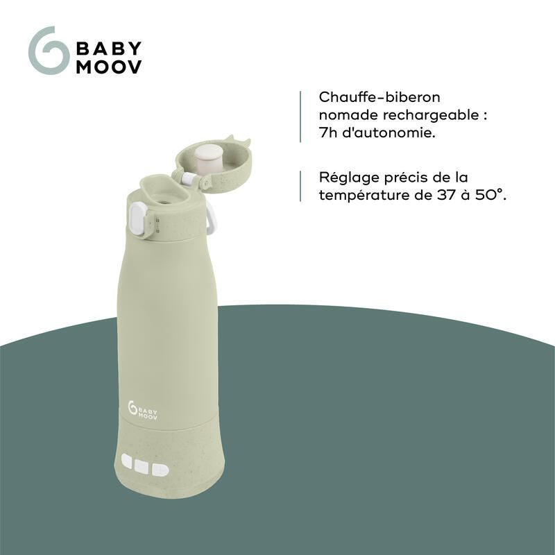 Sage green portable baby bottle warmer with top and charging ports, angled view
