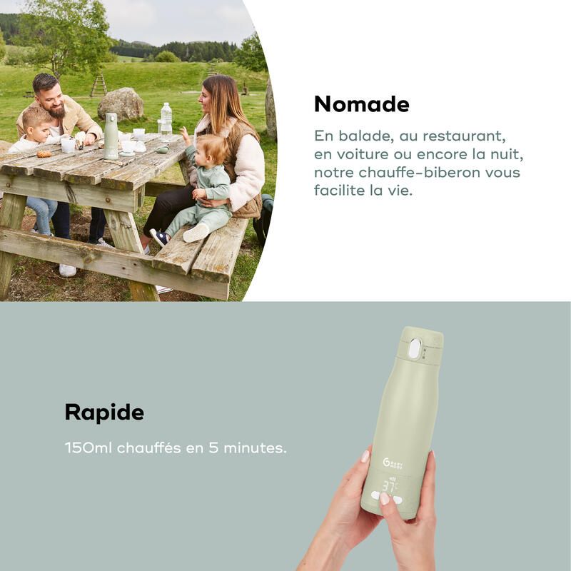 Sage green rechargeable baby bottle warmer in hand, compact travel thermos shape