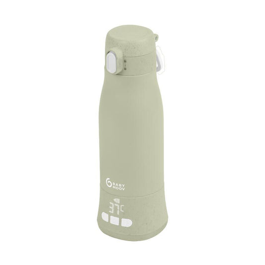 Sage green baby bottle warmer with carry handle and lid, upright standing view