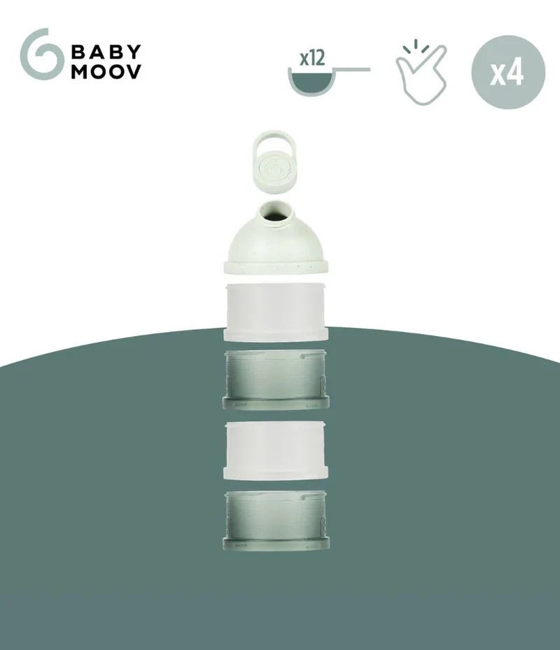 Baby dosing box kit with mint-and-white funnel and stacked cup inserts
