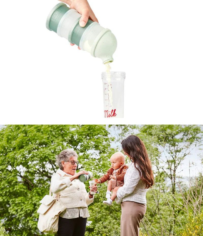 Baby dosing box dispenser pouring milk from mint-and-white stacked container