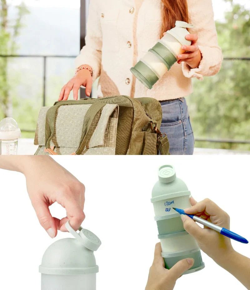 Baby dosing box filling the stacked mint-and-white measuring cups with a spoon