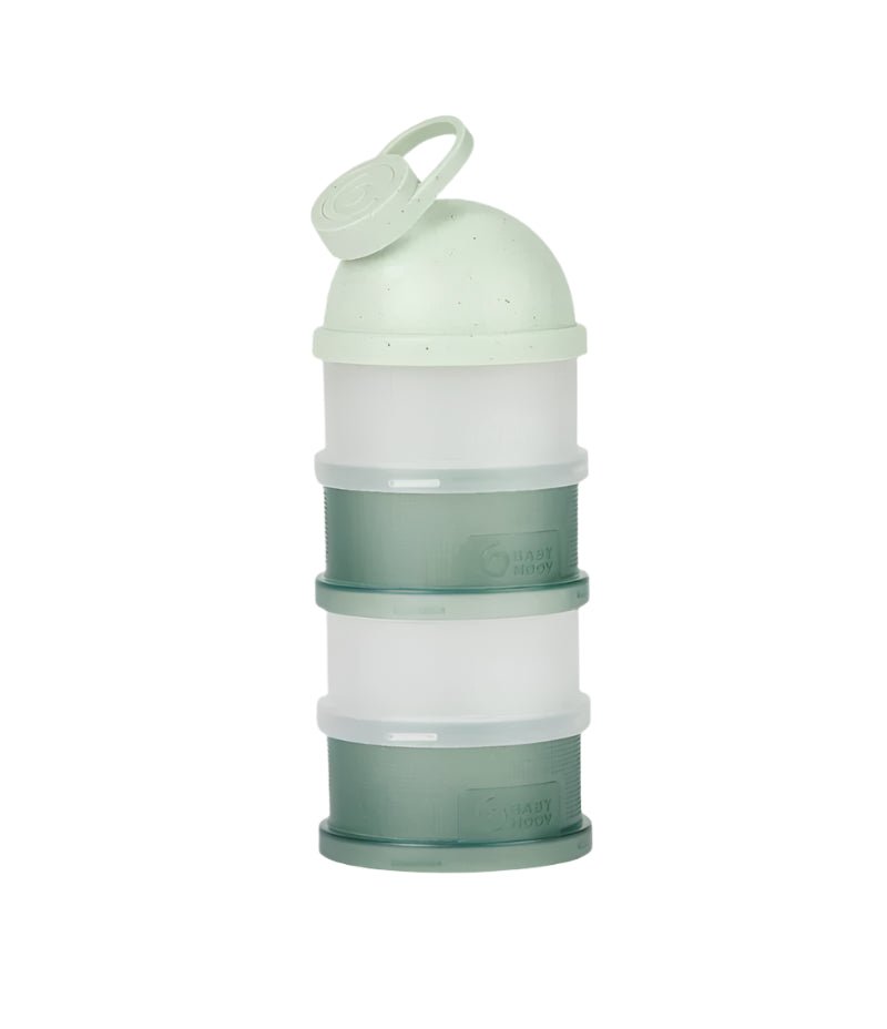 Baby dosing box with mint and white stackable measuring cups and lid