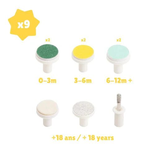 Electric nail trimmer sanding caps set in green, yellow, light blue, white, silver