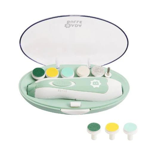 Electric nail trimmer set in mint case with sanding heads and small tool