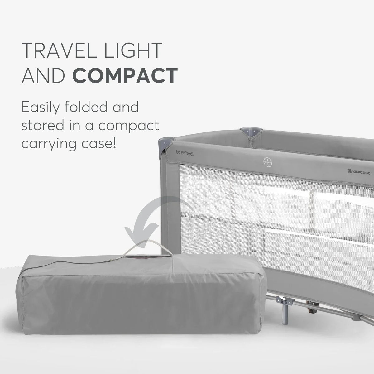 Baby cot with 2 levels and compact carrying bag, gray frame and white mesh sides