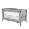 Baby cot with 2 levels, gray frame and white mesh sides, low side panel