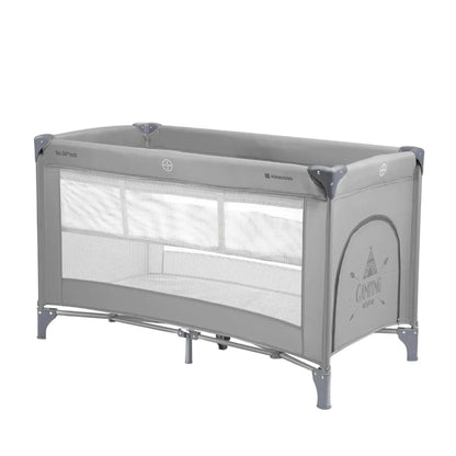 Baby cot with 2 levels, gray frame and white mesh sides, low side panel