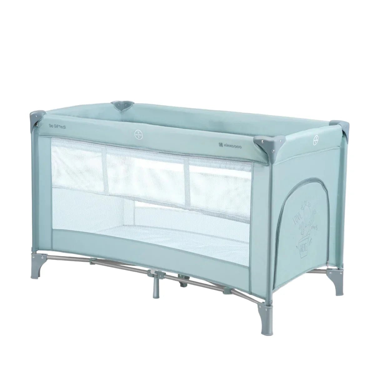 Baby cot with 2 levels, light blue frame and white mesh sides, front access panel