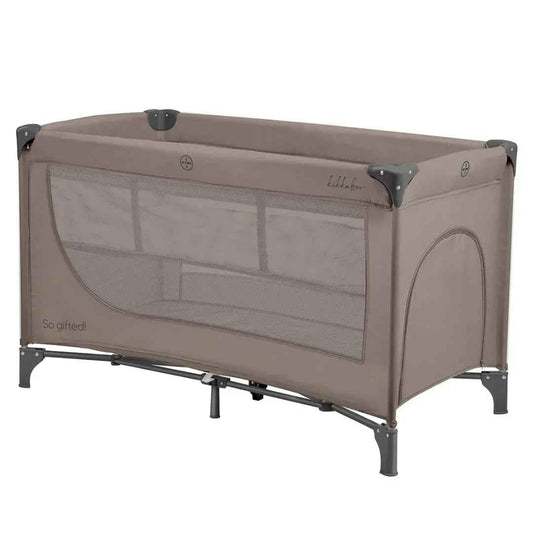 Beige 2-level baby cot with mesh sides and zippered entry panel
