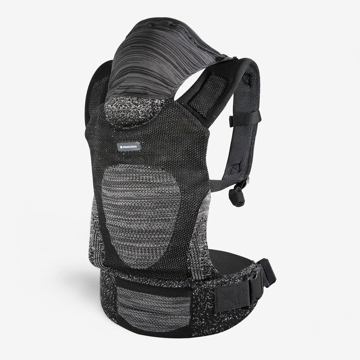 Black knit baby carrier with hood and adjustable shoulder straps