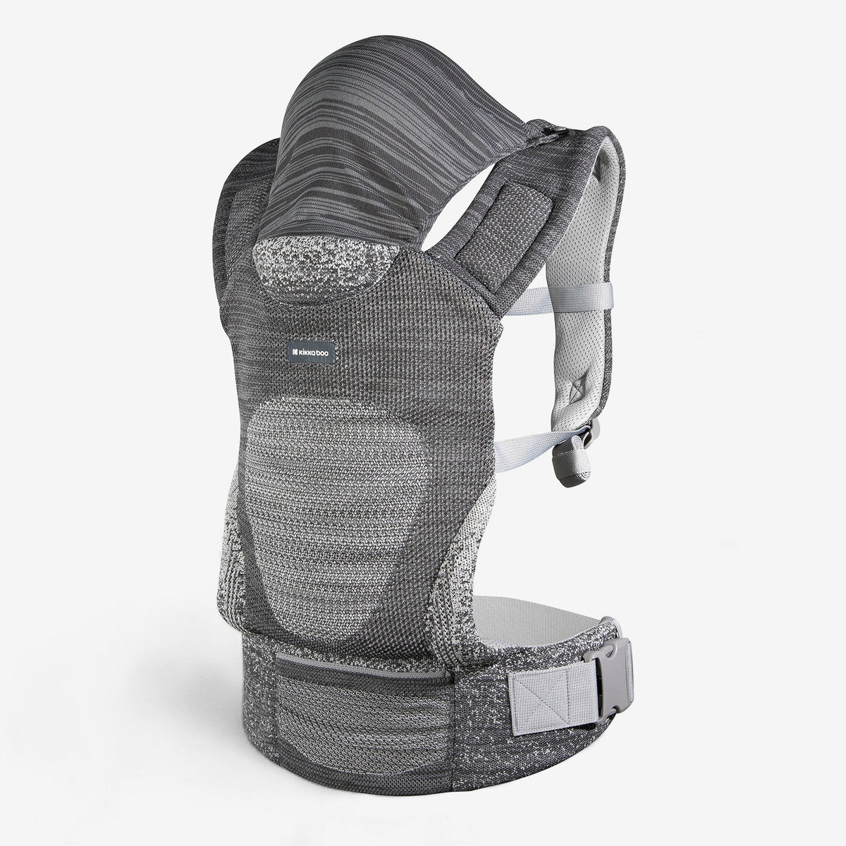 Grey knit baby carrier with hood, front pouch, and adjustable shoulder straps
