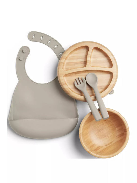 Silicone baby bib with bamboo divided plate set, including spoon and fork