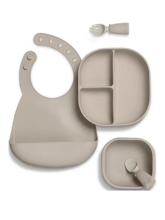 Baby weaning feeding set in light gray: bib, divided plate, small bowl, spoon