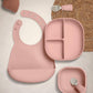 Baby weaning feeding set in pink: bib, divided plate, small bowl, spoon
