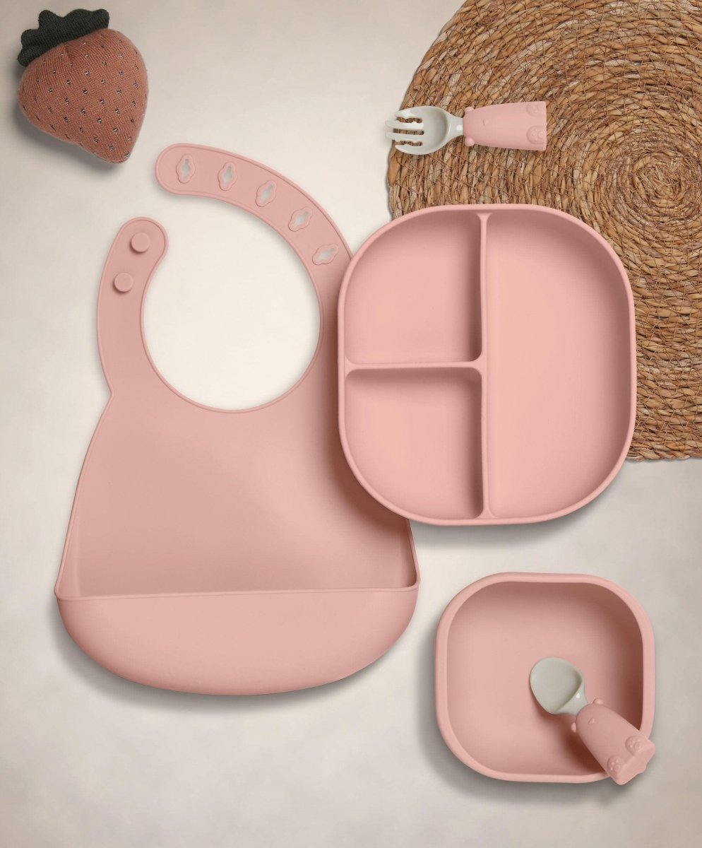 Baby weaning feeding set in pink: bib, divided plate, small bowl, spoon