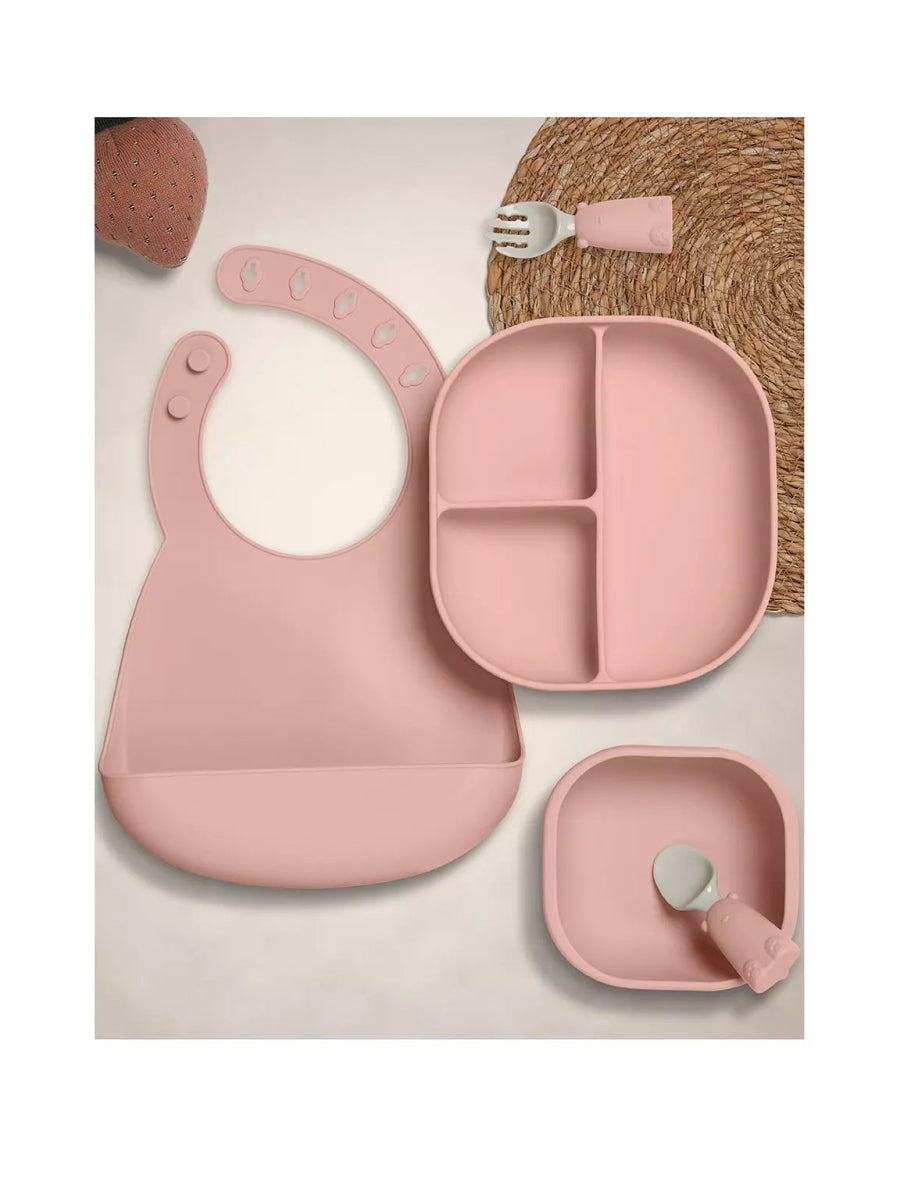 Baby weaning feeding set in pink: bib, divided plate, small bowl, spoon