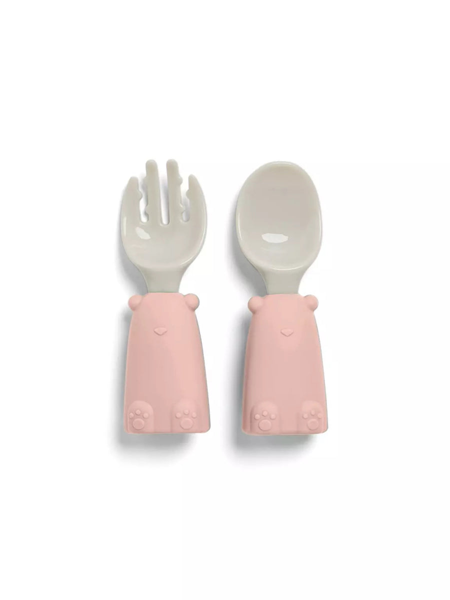Baby feeding set cutlery: silicone fork and spoon in light pink