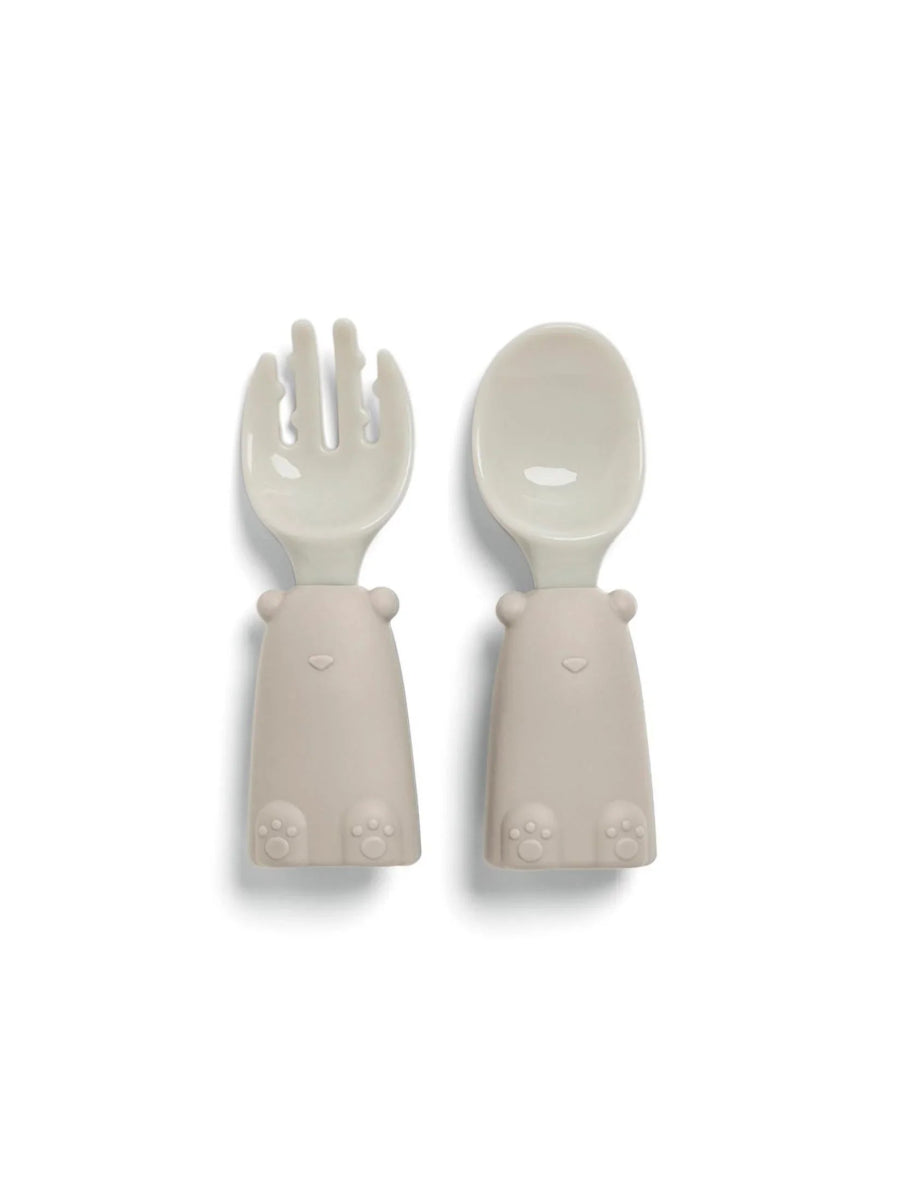 Baby feeding set cutlery: silicone fork and spoon in light gray
