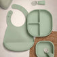 Baby weaning feeding set in sage green: bib, divided plate, small bowl, spoon