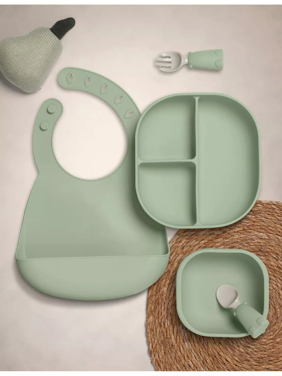 Baby weaning feeding set in sage green: bib, divided plate, small bowl, spoon