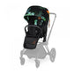 Baby stroller with black frame and green bird-print canopy and seat