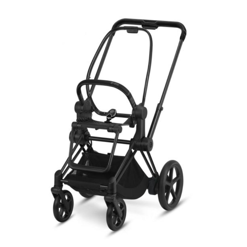 e-Priam 20 stroller frame with seat, black handlebar and wheels, open seat base.