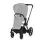 e-Priam 20 stroller frame with seat and light gray pad, curved handle, 4 wheels.