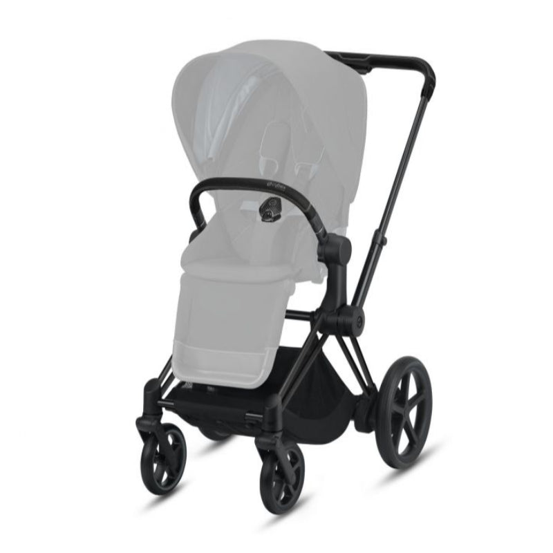 e-Priam 20 stroller frame with seat and light gray pad, curved handle, 4 wheels.