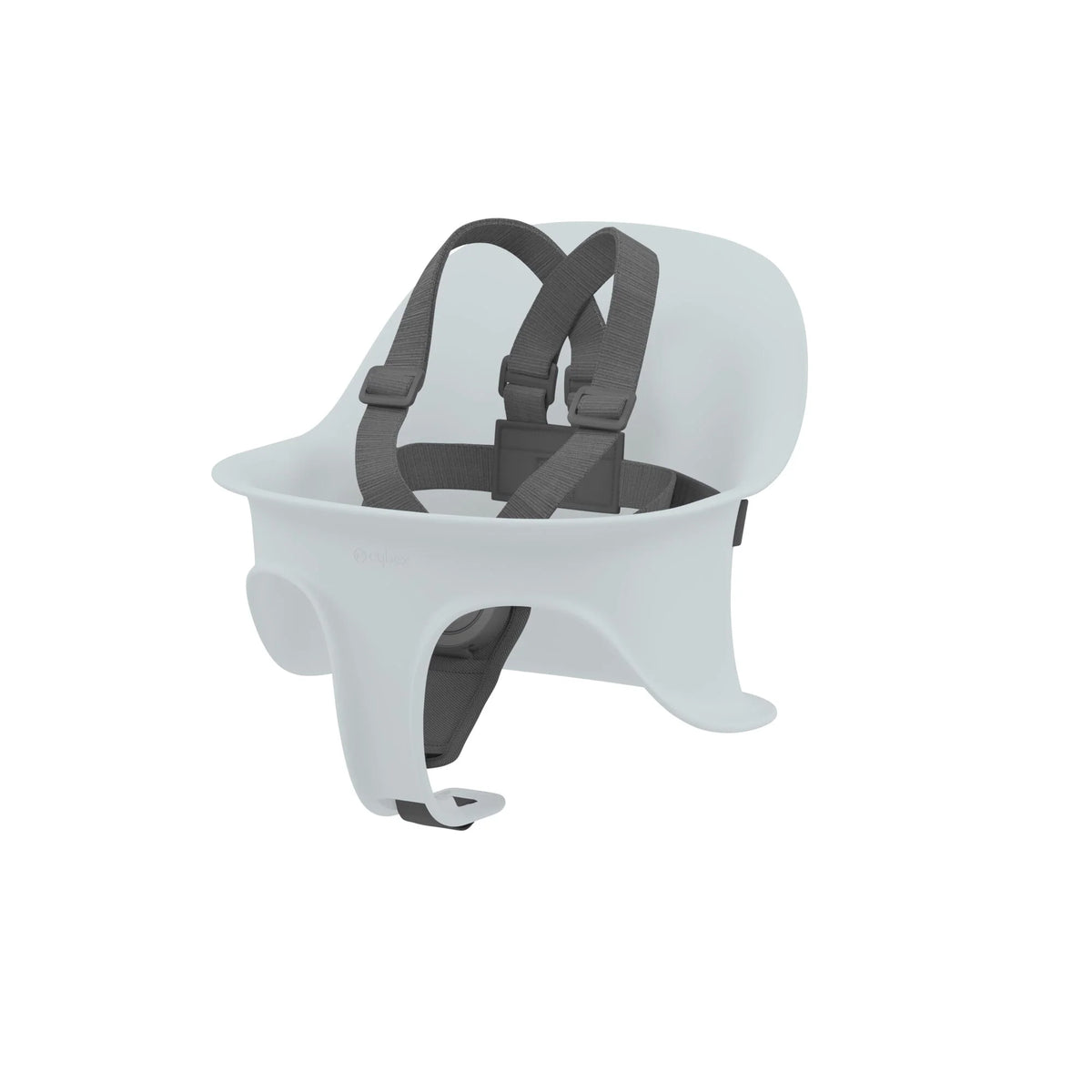 White high chair with dark grey safety harness straps and chest buckle