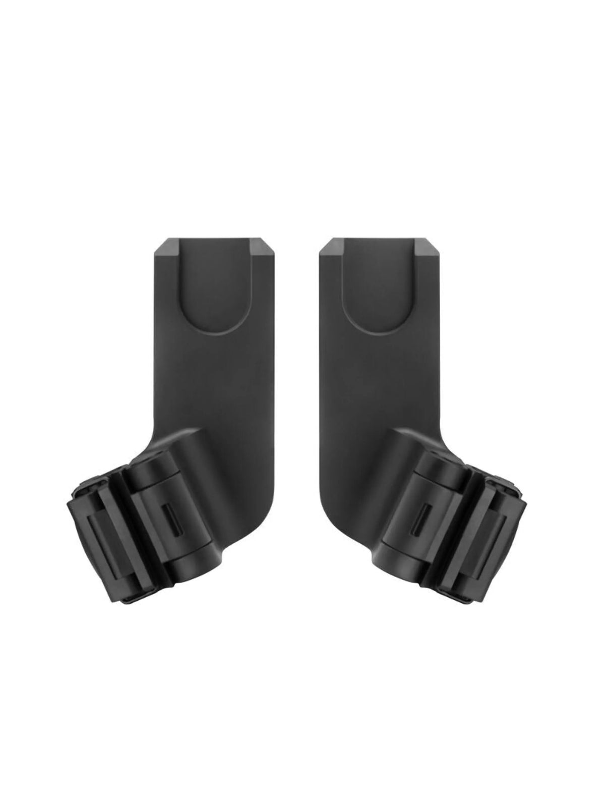 Black car seat adaptor brackets with latch clips, compact two-piece view
