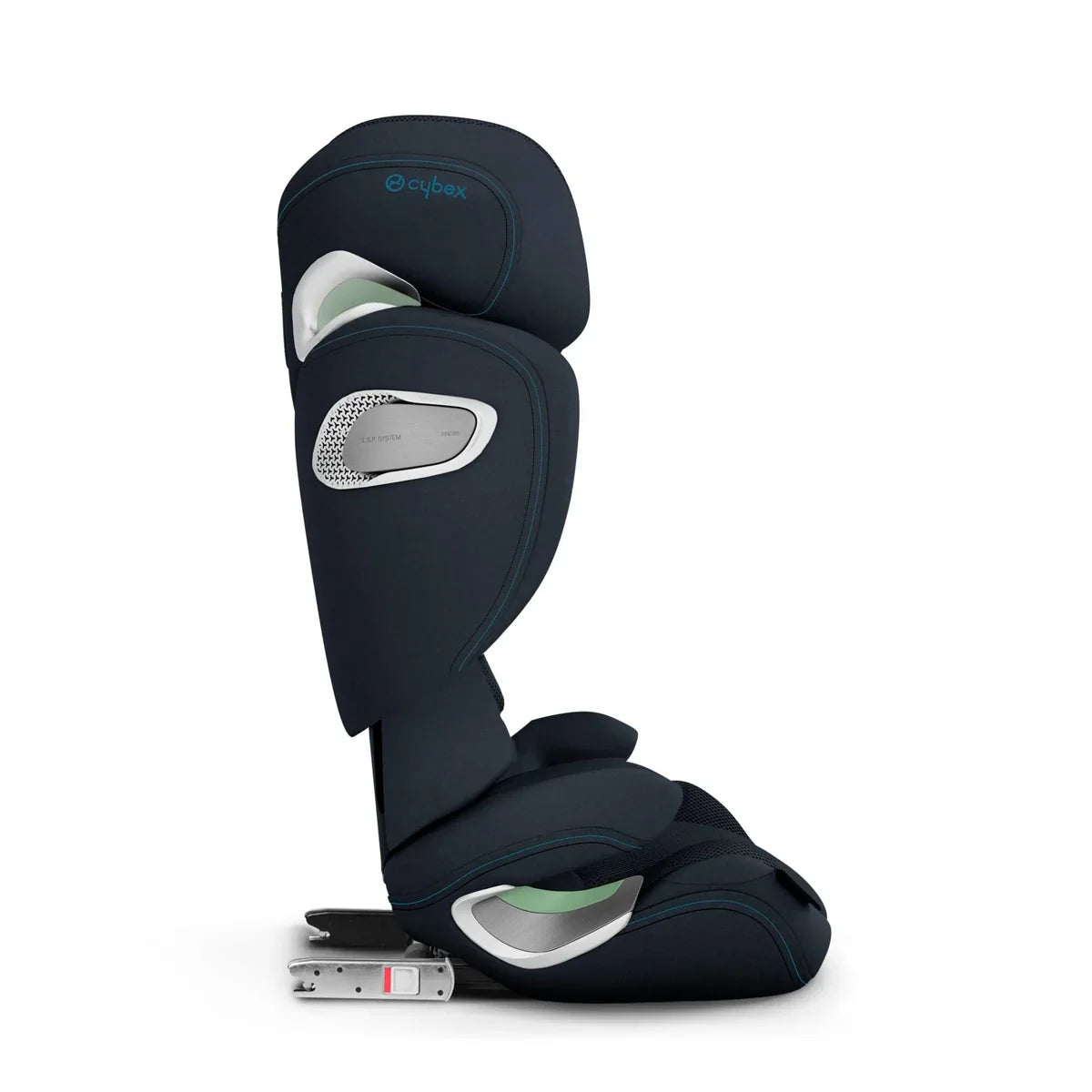 Navy child car seat side view with base and headrest padding
