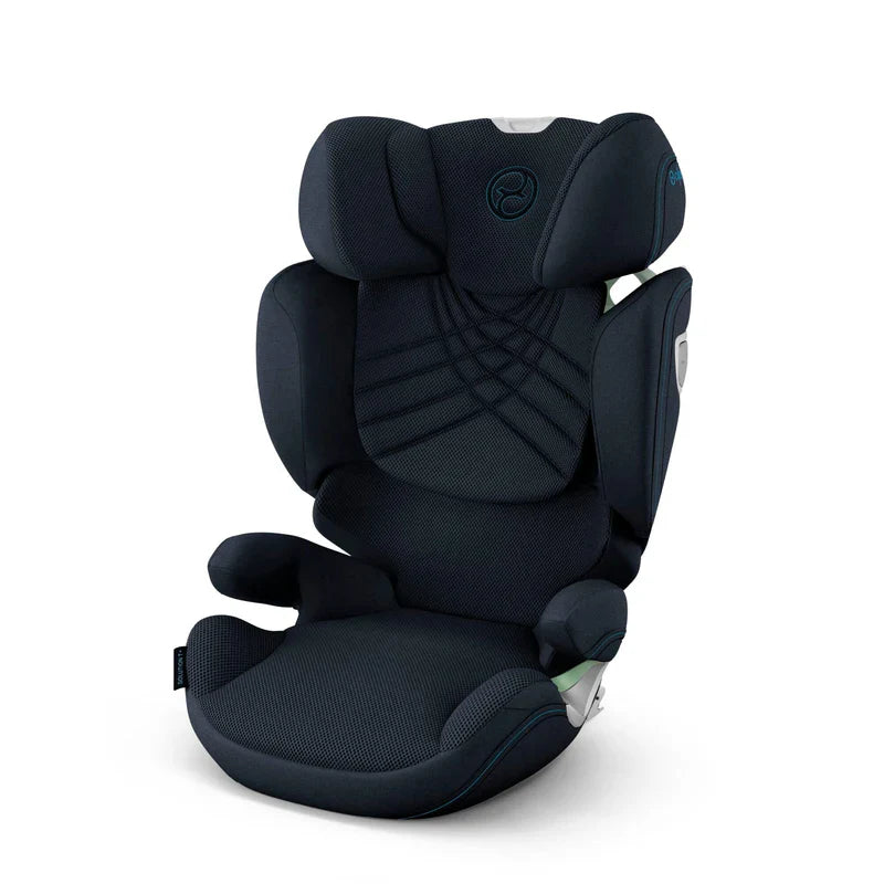 Navy child car seat with padded headrest, arm supports, and side bolsters