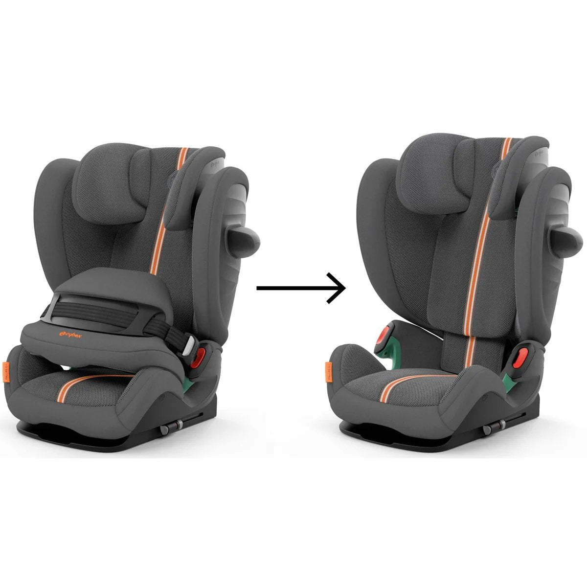 Pallas G i-Size Plus car seat, side view set with orange trim and padded headrest