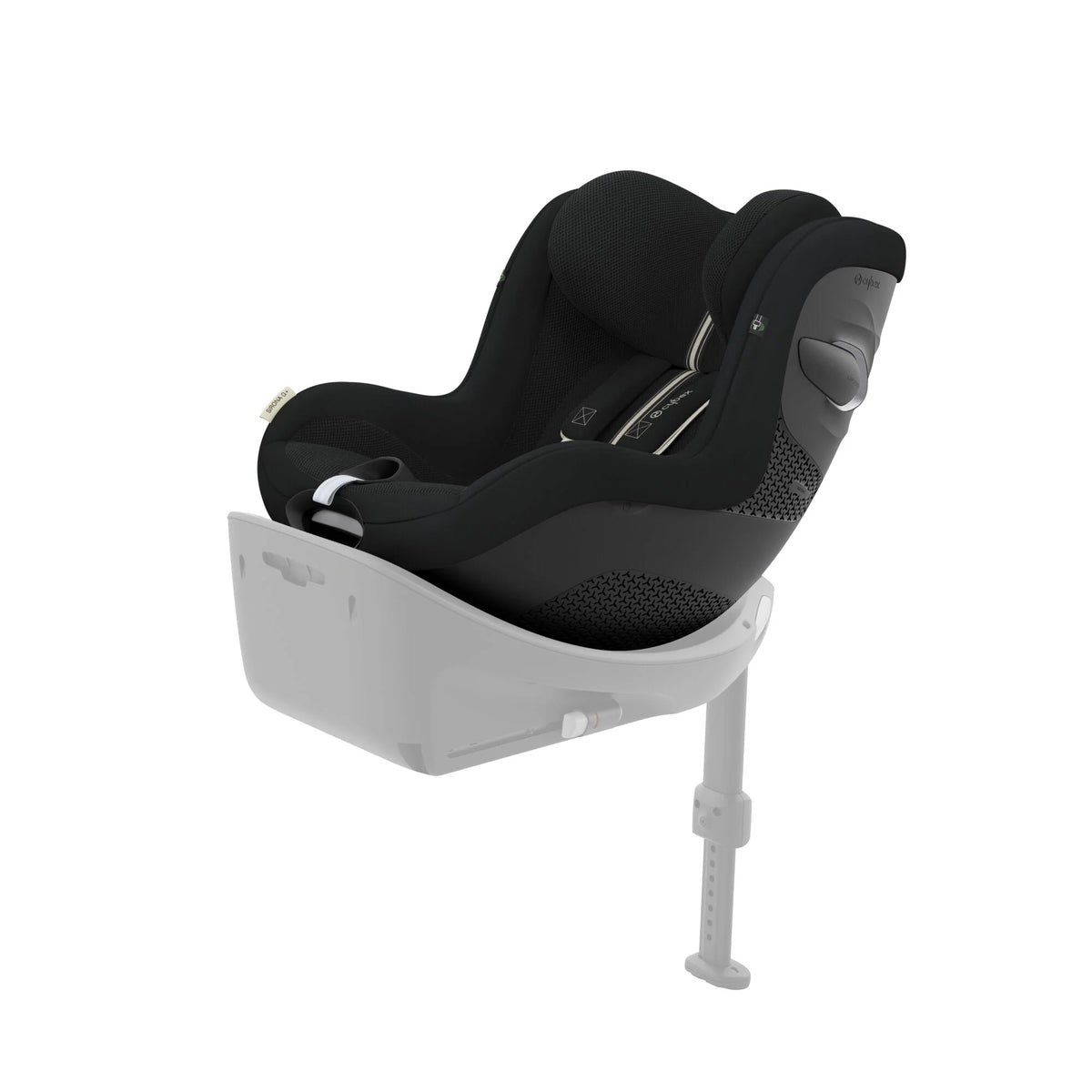 Moon Black infant car seat with mesh insert, white base shell, and headrest