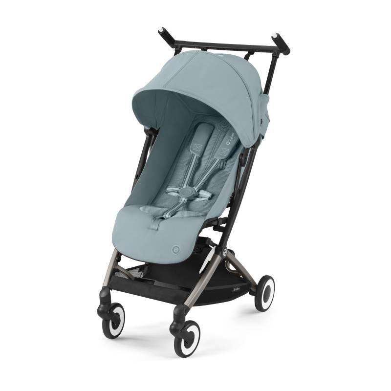Light blue compact stroller with canopy and front wheels, 3/4 view