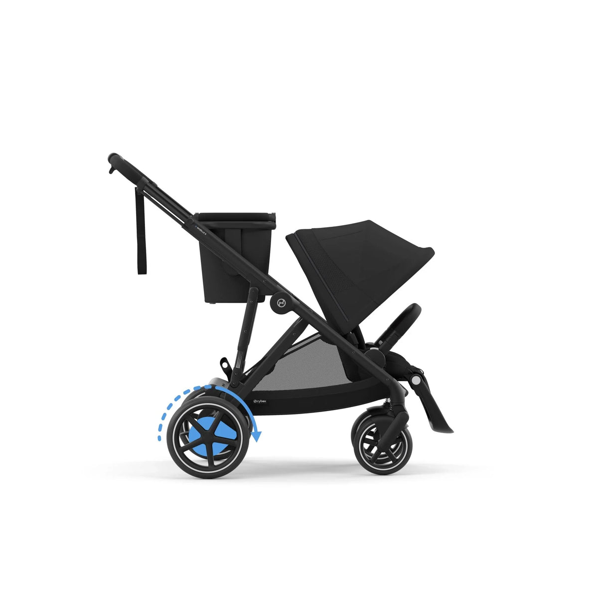 Black stroller with canopy and seat frame, side view of wheels and handle