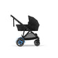 Black stroller with canopy and carrycot, angled frame and front wheels