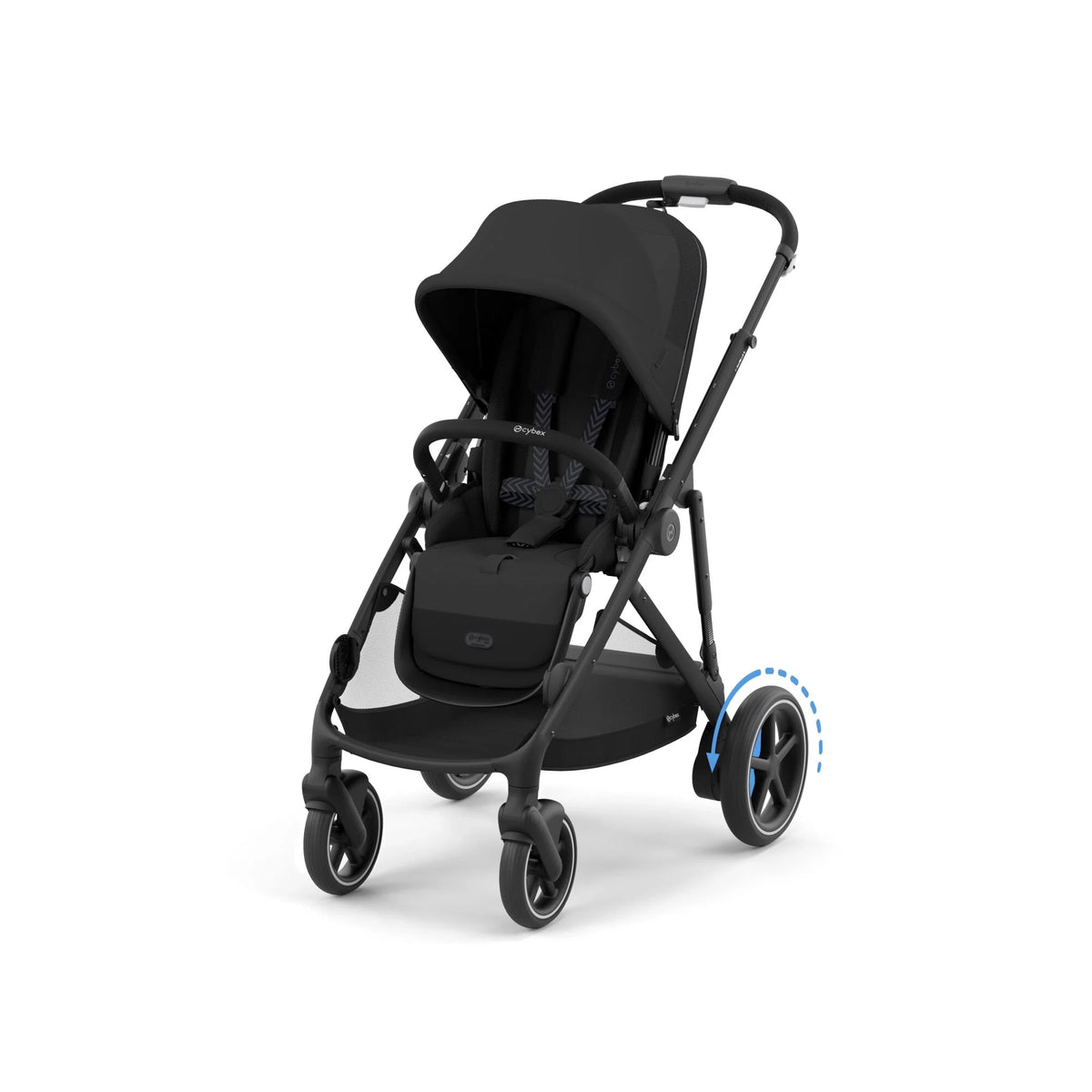 Black stroller with canopy, harnessed seat, and large four-wheel base