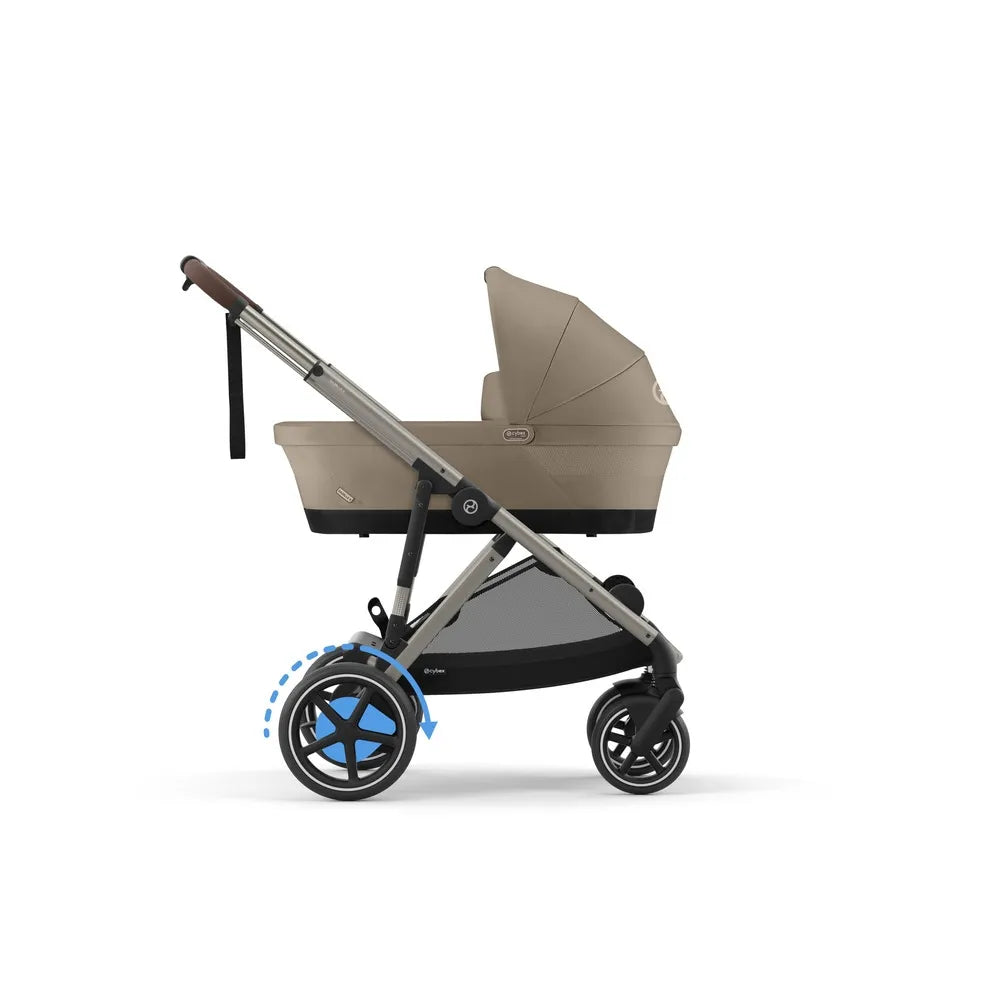 Almond beige stroller with taupe frame, bassinet mode, extended canopy and large front wheel