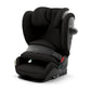 Black i-Size car seat with padded headrest and harness, side view