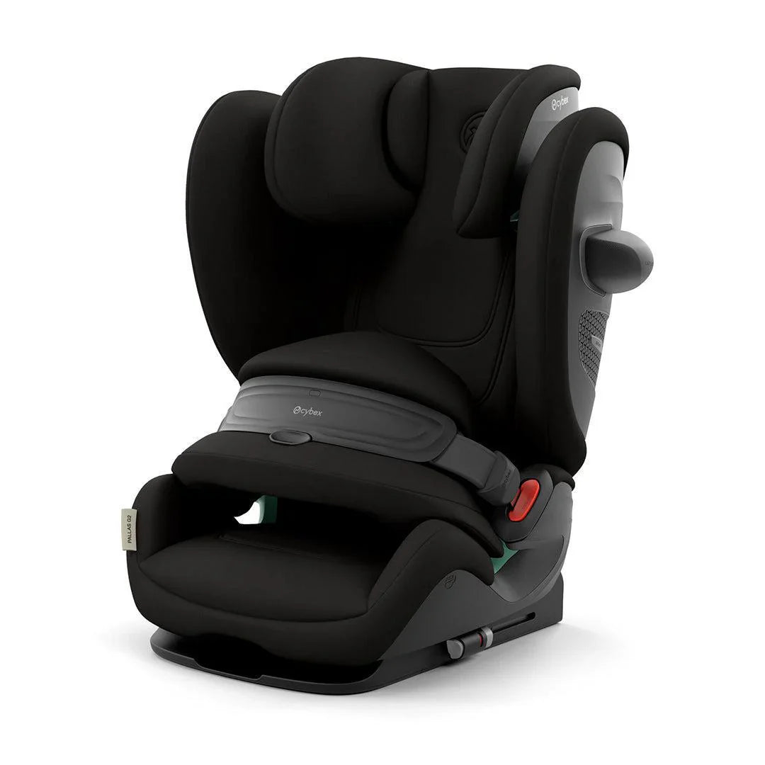 Black i-Size car seat with padded headrest and harness, side view