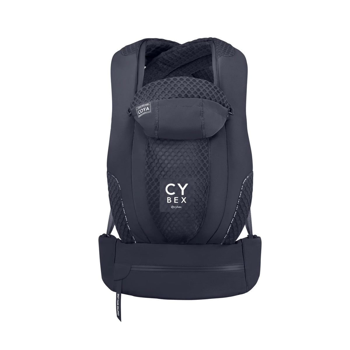 Dark blue baby carrier backpack with mesh panel, front flap, and CY BEX logo
