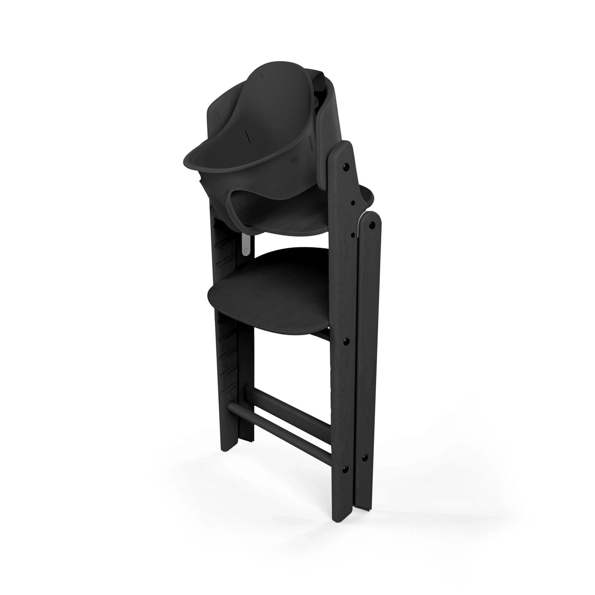 Black 3-in-1 high chair with footrest and adjustable harness, side view