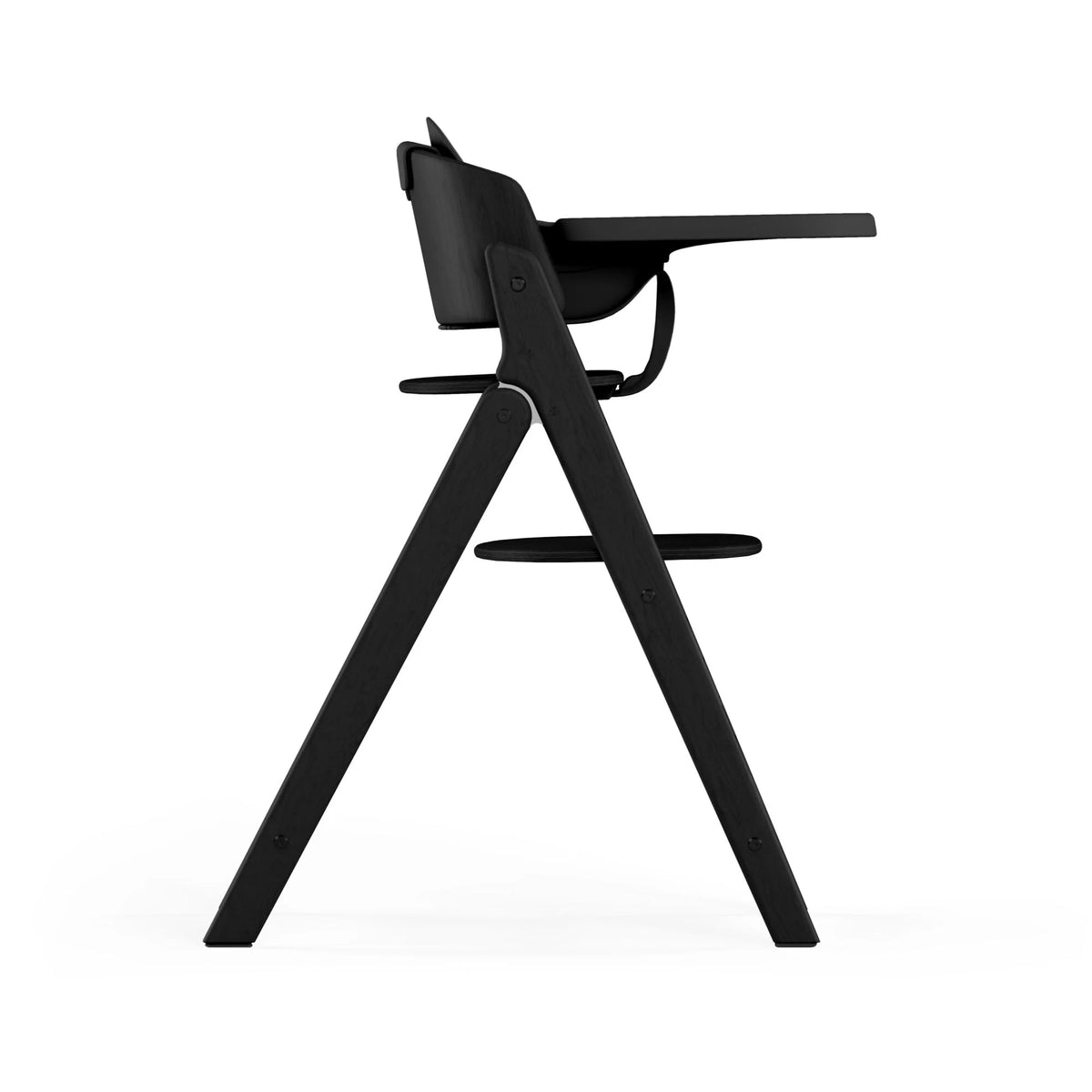 Black 3-in-1 high chair with tray and harness, standing side view